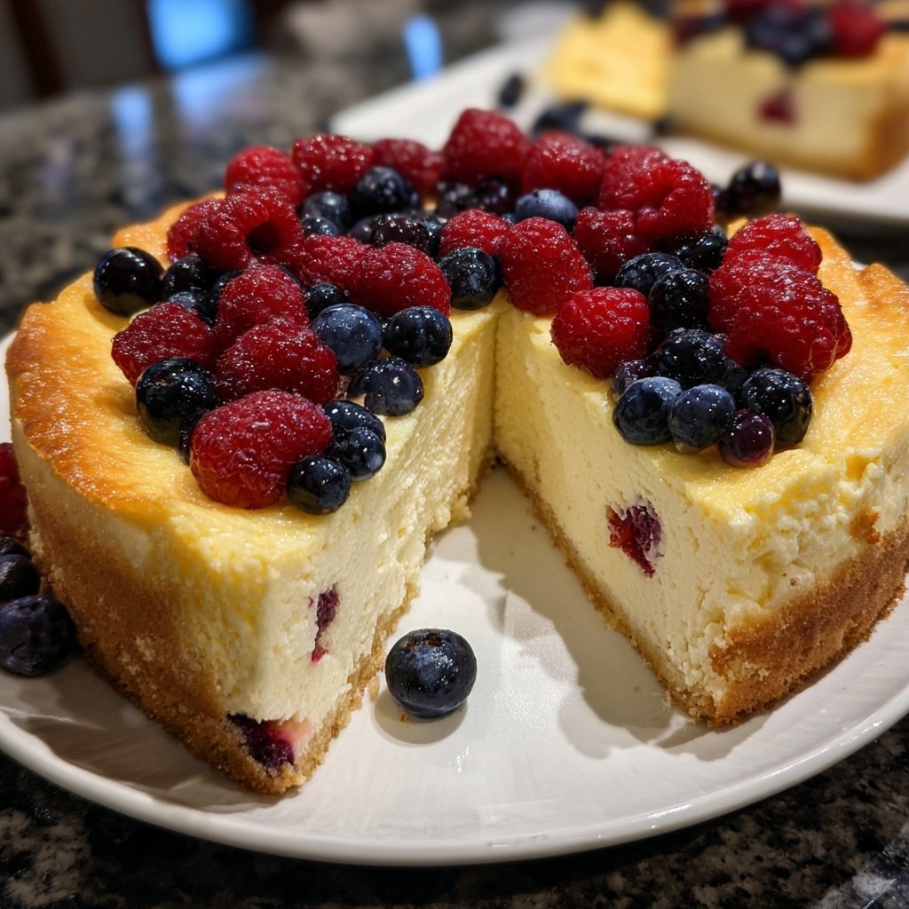 Käsekuchen mit Keksboden und Beeren